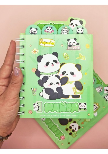 Sevimli Panda Ayraçlı A5 Not Defteri 14x18 Cm - Panda Ailesi Yeşil