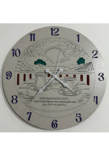 Ahşap Desen Duvar Saati - Çay, Simit Ve Peynir - Epoksi Reçine Kaplamalı - 40 Cm Ahşap