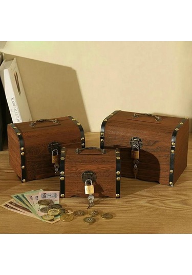 Youmex Eski Stilde El Yapımı Ahşap Kasa, Kilitli Para Kazanma Kutusu, 15x10x10cm, Bayram Hediyesi, Antika Desenli, Kaliteli Ahşap, Para Biriktirme Aleti Haki