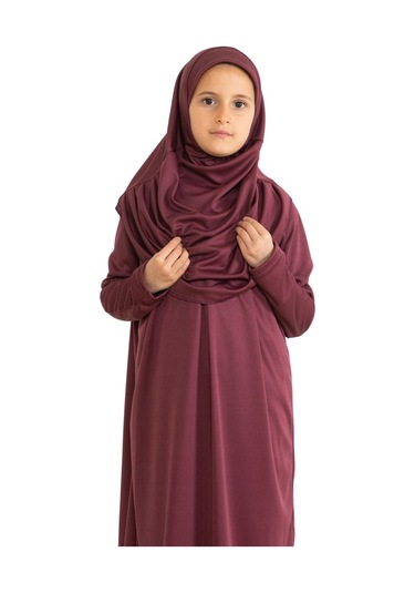 İki Parça Çocuk Elbisesi Seti Eşarp İle Takım Vişne