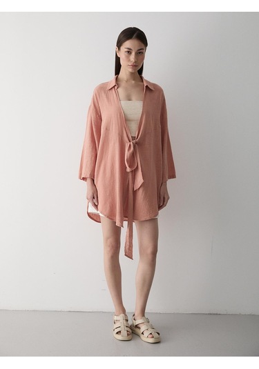 Somon Flam Keten Kimono Gömlek Somon