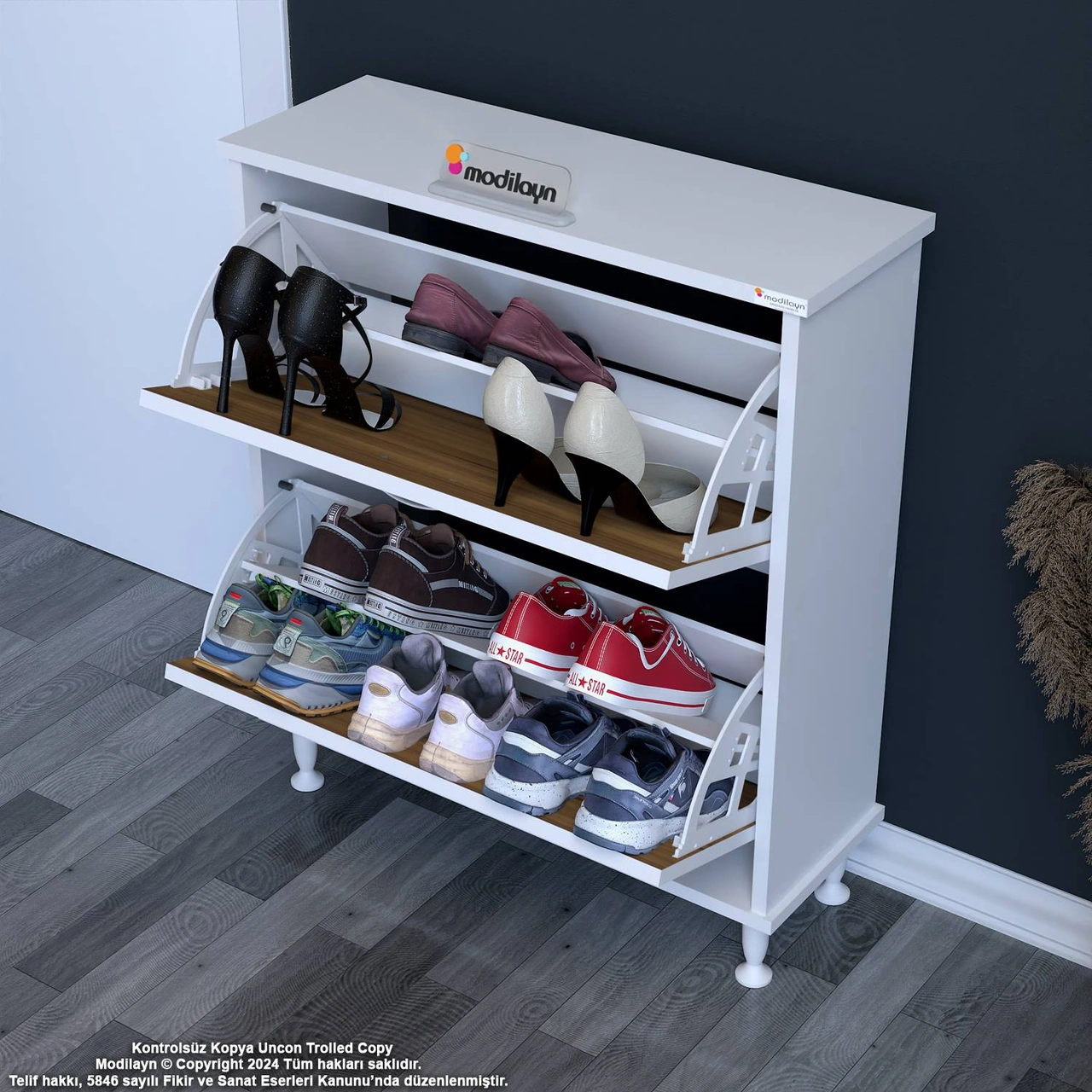 Asaf Antre Ayakkabılık Ceviz Renk 72 Cm 2 Düşer Kapak 4 Göz Bölmeli Ayakkabılık 72x86x25,5 Cm Ceviz