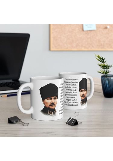 Atatürk Kalpaklı Ordular Yazılı Baskılı Öğretmenler Günü Hediyesi Beyaz