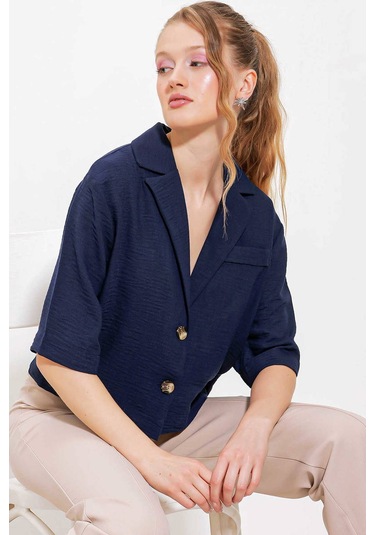Gabria Kısa Keten Ceket Lacivert