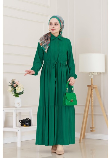 Gömlek Yaka Beli Tünelli Sare Elbise-zümrüt Yeşili-5068 Zümrüt Yeşili