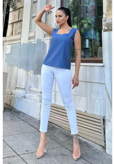 WeShaya Kadın İndigo Kalın Askılı, Kare Yaka, Salaş Keten Bluz Indigo