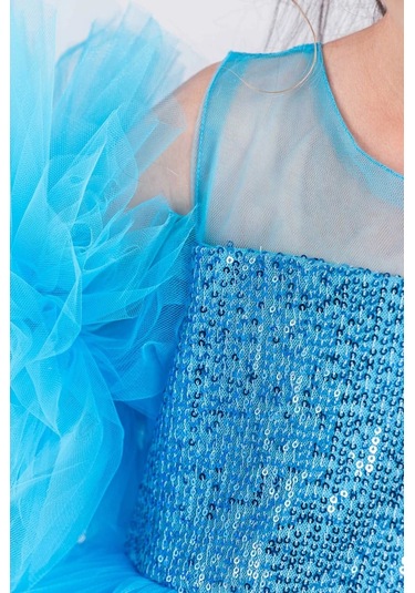 Kız Çocuk Abiye Elbise Ponpon Kol Pul Payetli Tütülü Mavi