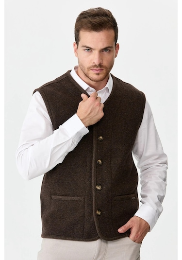 Desen Triko Erkek V Yaka Keçe Aksesuarlı Pike Dokuma Yün Yelek 02422569 Koyu Kahve Koyu Kahve