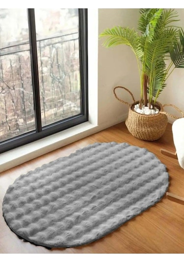 Raschel Carpet Açık Gri Yumuşak Bubble Kaymaz Özel Taban Oval Peluş Halı Yolluk