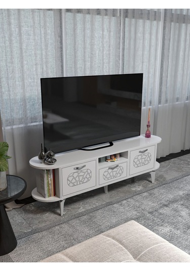 Tv Sehpası Mira Gümüş 5033 Beyaz 160 Cm 35 Cm 50 Cm Metalik