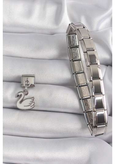 316l Çelik Gümüş Renk Sallantı Beyaz Kuğu Model Nomination Charm - Tj-bc1160 Diğer