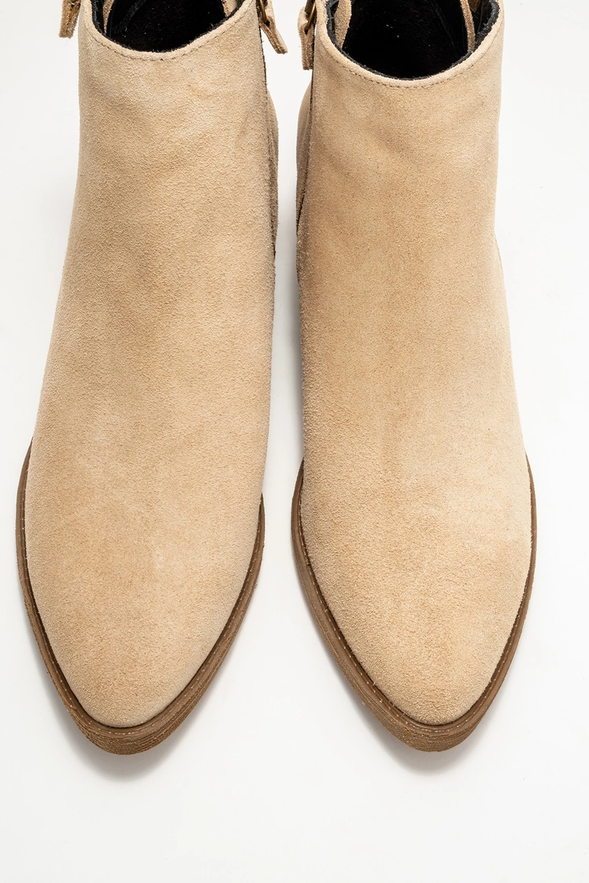 Jayer Bej Süet Hakiki Deri Fermuarlı Kadın Topuklu Bot Bej Süet