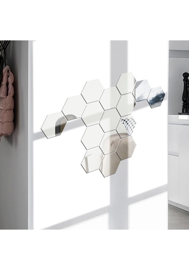 Sones Ym300 16 Adet / Set Ev Kişisel Duvar Çıkartmaları Dıy Akrilik Duvar Dekoratif Ayna Altıgen Gümüş Diğer