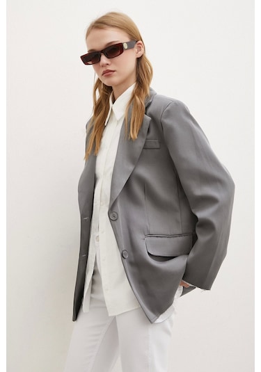 Never More Cep Kapaklı Kesik Detaylı Blazer Ceket Gri Gri