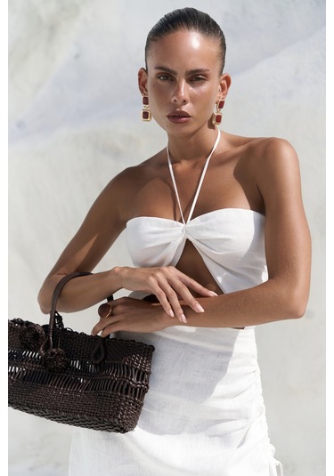 Abrossa Boyundan Bağcıklı Asimetrik Ekru Keten Elbise Ekru