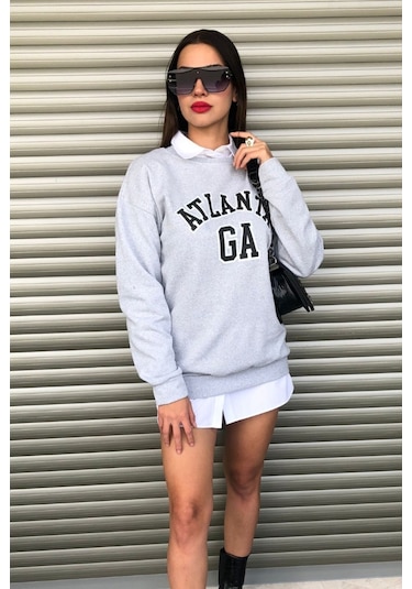 Modagen Gri Kadın Atlanta Baskılı Bisiklet Yaka Oversize Sweatshirt Gri
