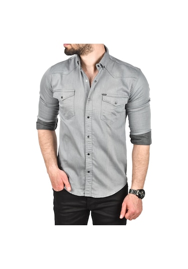 Deepsea Erkek Gri Slim Fit Pamuklu Cepli Kot Gömlek Çıtçıtlı Uzun Kollu Spor Gömlek 2502503 Gri