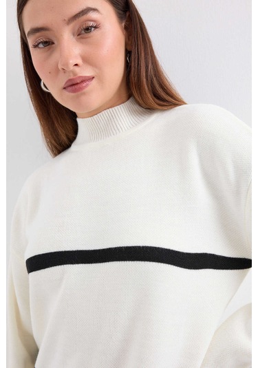 Gabria Kalın Çizgili Triko Elbise Ekru