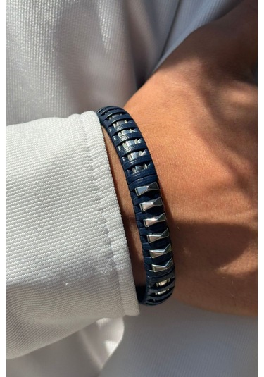 Mavi Çizgili El İşçiliği İle Üretilmiş Hakiki Deri Erkek Bileklik Gümüş - Mavi