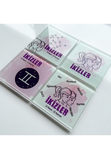 Decorita Cam Bardak Altlığı Burçlar - İkizler Burcu 4'lü Takım 10 CM Çok Renkli