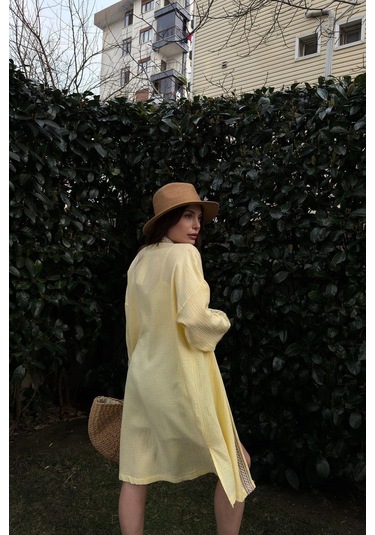 Kadın Sarı Müslin Kumaş, Hasır Şerit Detaylı Salaş Kimono Ceket Sarı