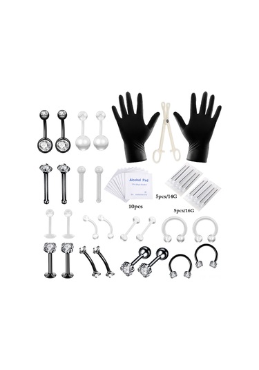 Wezone 47 Parça Tekerlekli Cila Vurgulu Paslanmaz Çelik Göğüs Burun Kulak Karın Piercing Seti - Açma Pensi, Eldiven, İğne Ve Alkol Tamponu Dahil