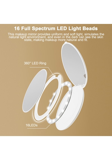 Vkemall Taşınabilir 16 Led Büyütmeli Makyaj Aynası, Katlanabilir, Type-c Şarj Edilebilir, Doğal Işık Simülasyonu Beyaz