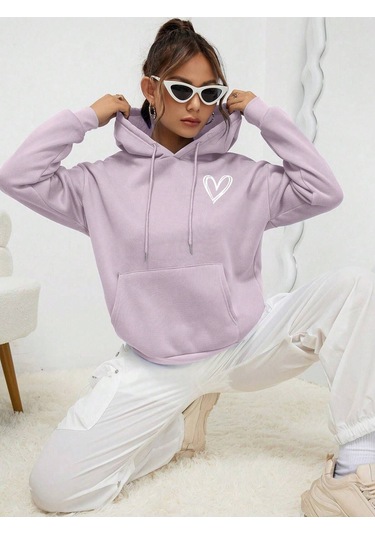 Unisex Kadın/Erkek Kalp Desenli Kanguru Cepli Düşük Omuz Ipli Kapüşonlu Üst