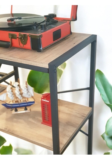 Plak Standı Metal Gövdeli Ahşap Raflı Pilak Köşesi Dresuar Siyah