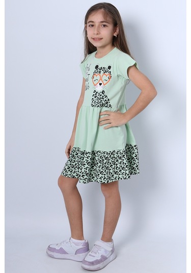 Kız Çocuk Elbise Fırfırlı Kedicik Baskılı C13 Yeşil