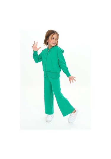 Toontoy Kız Çocuk Kapüşonlu Fermuarlı Fırfır Detaylı Eşofman Takım Çimen Yeşili