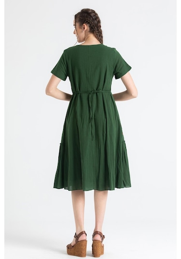 Kısa Kol Şile Bezi Lalezar Nakışlı Midi Boy Elbise Yeşil