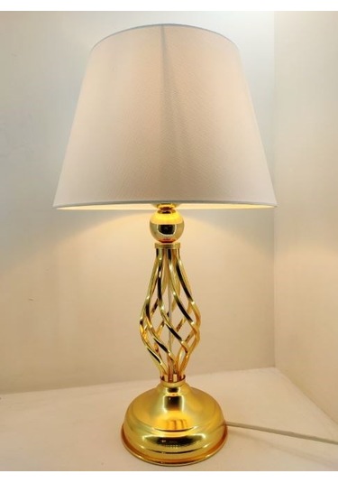 Gold Altın Renk Burgulu Toplu Metal Ayaklı Beyaz Şapkalı Abajur Altın