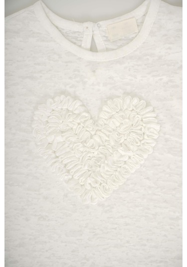 Kız Bebek Kalp Desenli Kol Modelli Pamuk Tişört Ekru