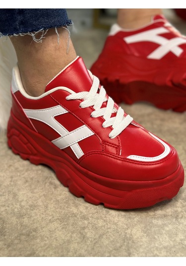 Günlük Kadın Sneaker Kalın Yüksek Taban Bağcıklı Rahat Tiger Şeritli Spor Ayakkabı 032 12 - Kırmızı Beyaz