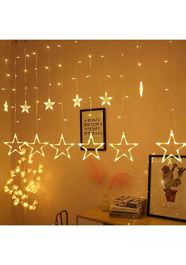 Led Perde Fişli Dekoratif Yıldızlı Saçaklı 12 Adet Yıldız
