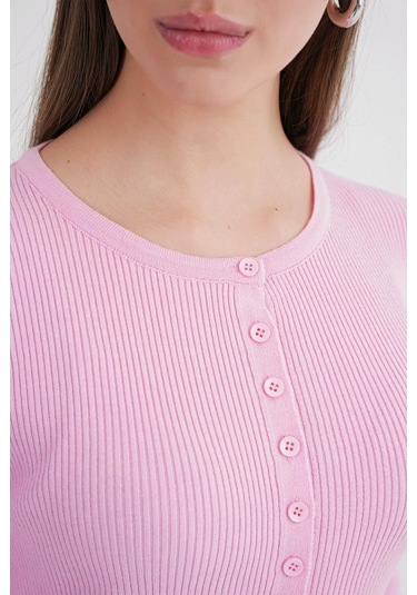 6931 Kadın Düğmeli Fitilli Triko Hırka Pembe Pembe