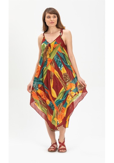 Askılı Vual Afrodit Midi Boy Elbise Bordo 6151