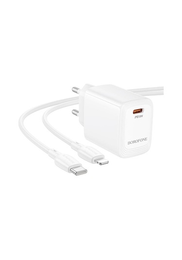 Borofone Bn28 Fuente Tek Portlu Pd30w Şarj Cihazı 1m Tip-c İle 8 Pinli Kablo, Fiş Tipi: Ab Fiş Beyaz Beyaz