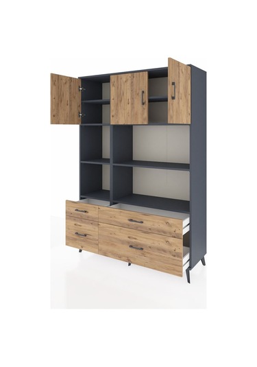 Hyperion Dolap 8 Raflı 4 Çekmeceli 3 Kapaklı 132x44x195 Antrasit-çam/çam Atlas Çam/atlas Çam