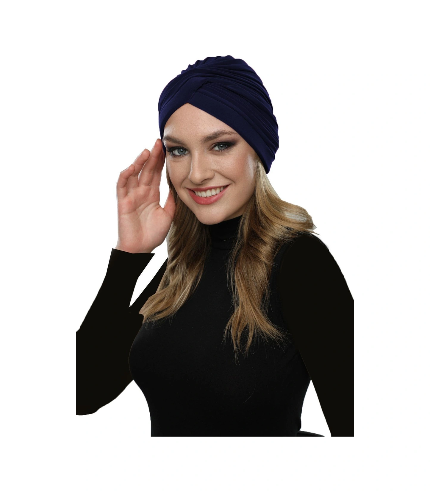 Çapraz W Nervürlü Ensesi Bantlı Lacivert Hazır Türban Tesettür Havuz Bonesi Lacivert