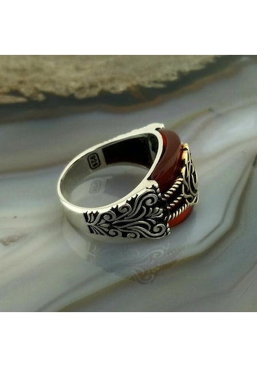 Fkgümüş Akik Taşlı Ay Yıldız Erkek Yüzük