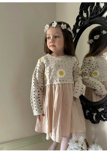 Kız Çocuk Çiçek Desenli Kroşe Müslin Pamuklu Prenses Hediye Doğum Günü Şık Elbise Bej