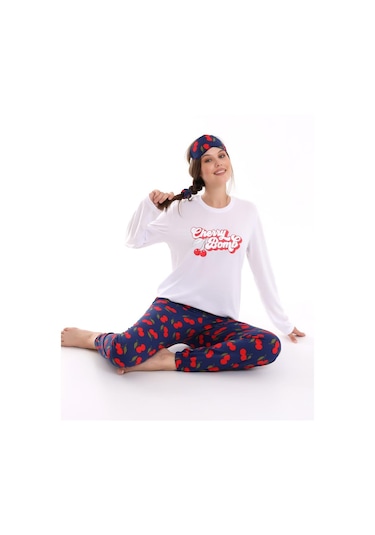 Calimera Kadın Pijama Takımı Uzun Kol Pamuklu Sıfır Yaka Beyaz - Lacivert