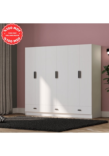 İnci 6 Kapak 3 Çekmeceli Gardırop %100 Mdf