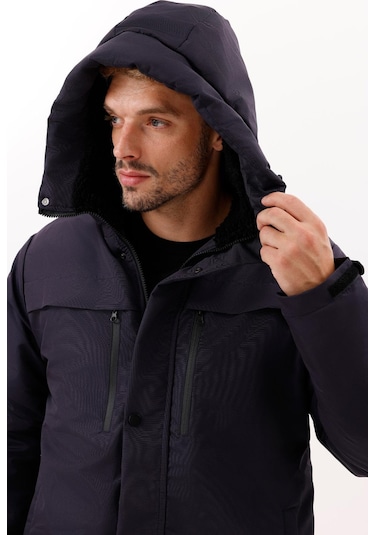 Erkek Polarlı Kürklü Su Ve Rüzgar Geçirmez Kapüşonlu Kışlık Mont & Kaban & Parka - Elyaflamalı Lacivert