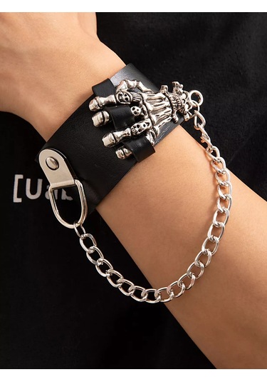 Tevdı Zincirli Kafatası Punk Metal Eko Deri Bileklik 198603655 Siyah