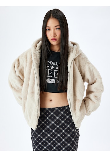 Koton Peluş Mont Kapüşonlu Fermuarlı Cep Detaylı Bej 5wal20004ıw Ekru