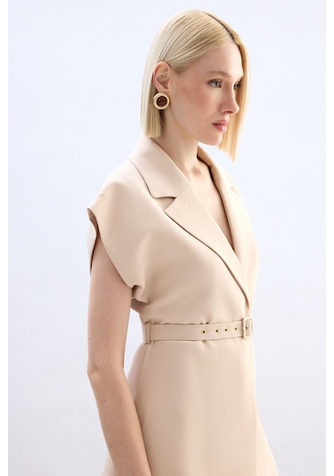 Sateen Kemerli Uzun Yelek - Bej-136851 Bej