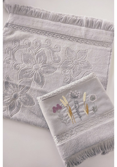 2'li Nakışlı Jakarlı Kadife El Yüz Havlusu - %100 Pamuk - Gri Grı Gri